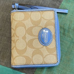 EUC COACH coated canvas CC patterned wallet with baby blue leather trim.